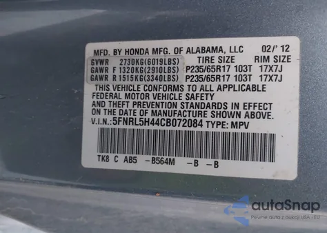 2012 Honda Odyssey Ex from USA, damaged, VIN 5FNRL5H44CB072084